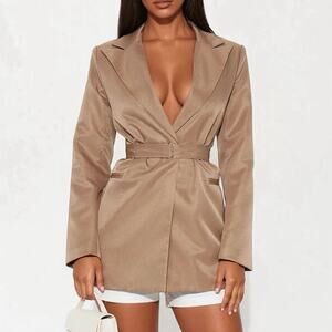 Fashion Nova Camel Tailored Blazer Belted Lapel Collar Structured Jacket